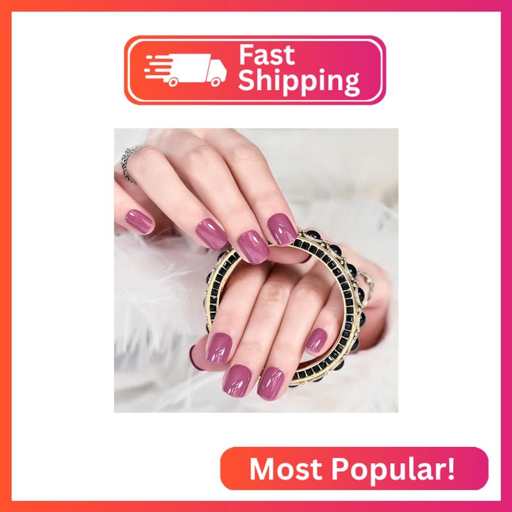 LINSSQ Glossy Rose Pink Press on Nails,Short Squoval False Nails,Beauty Solid Co