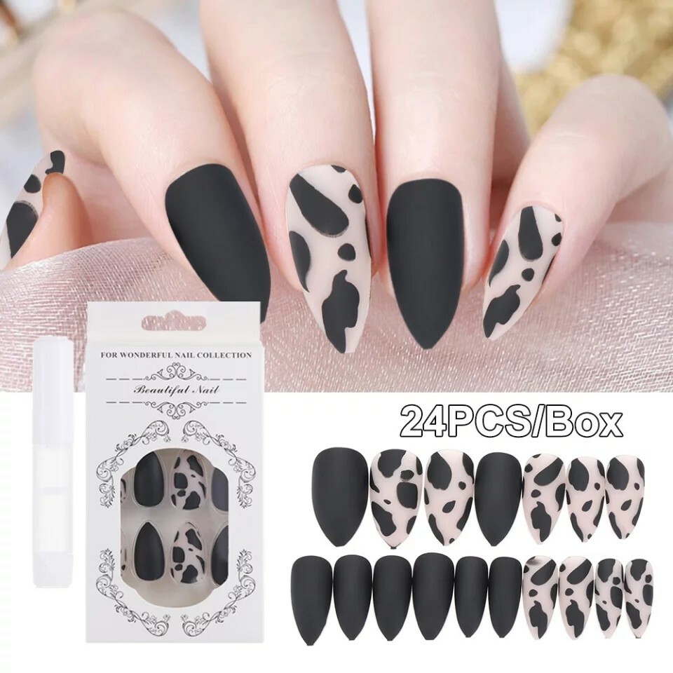 Cow Print Nails Matte Black Stiletto Long Frosted Glass effect press on nails