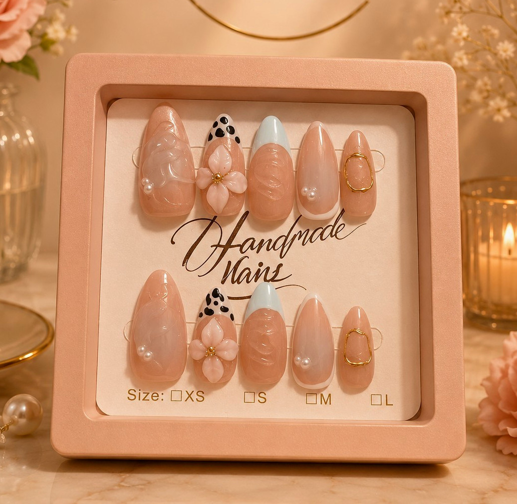 VelvetTip Studio Pink/White/Black/Blue 3D Floral Almond Press-On Nails Size M