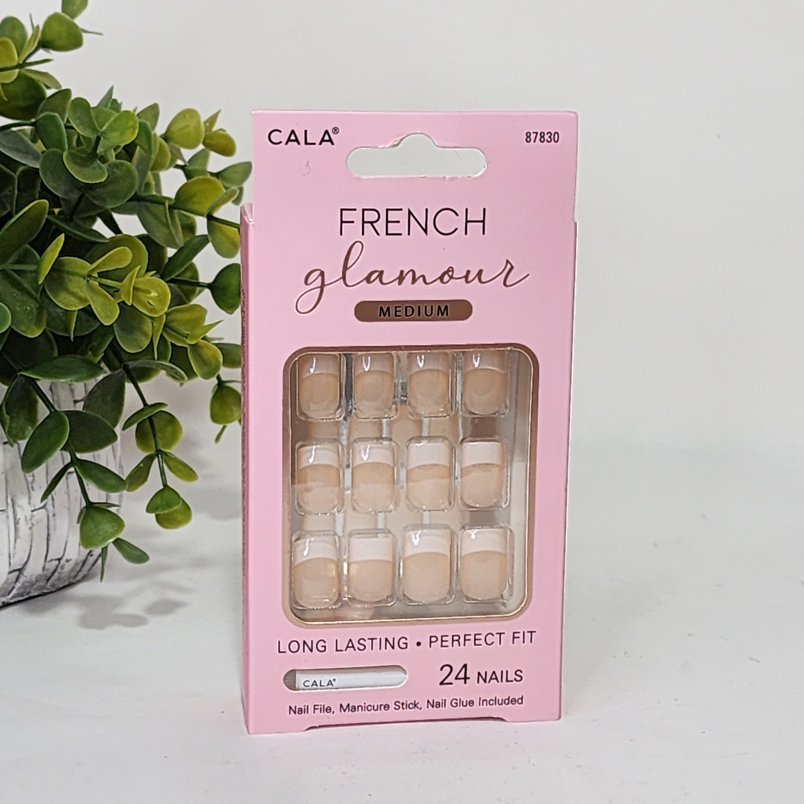 Cala French Glamour Medium Nails ~ 24 Nails ~ 12 Sizes ~ Nail Glue Included ~New