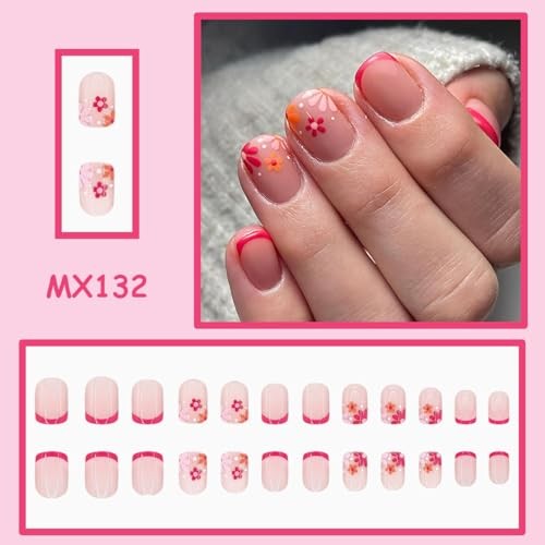 Red French Tip Press on Nails Flowers Design Short Square Fake Nails Style-40