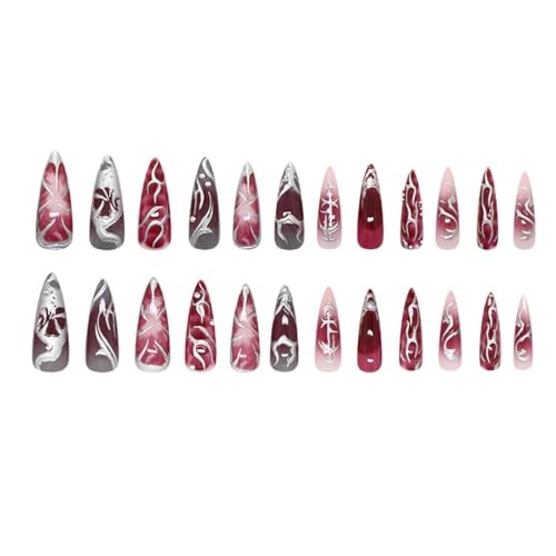 24Pcs Gothic Press on Nails Long Stiletto Fake Nails Punk Metal punk style