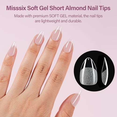 Misssix Short Almond Gel Nail Tips Kit, 216Pcs Pre Etched Clear Fake Nails, Full