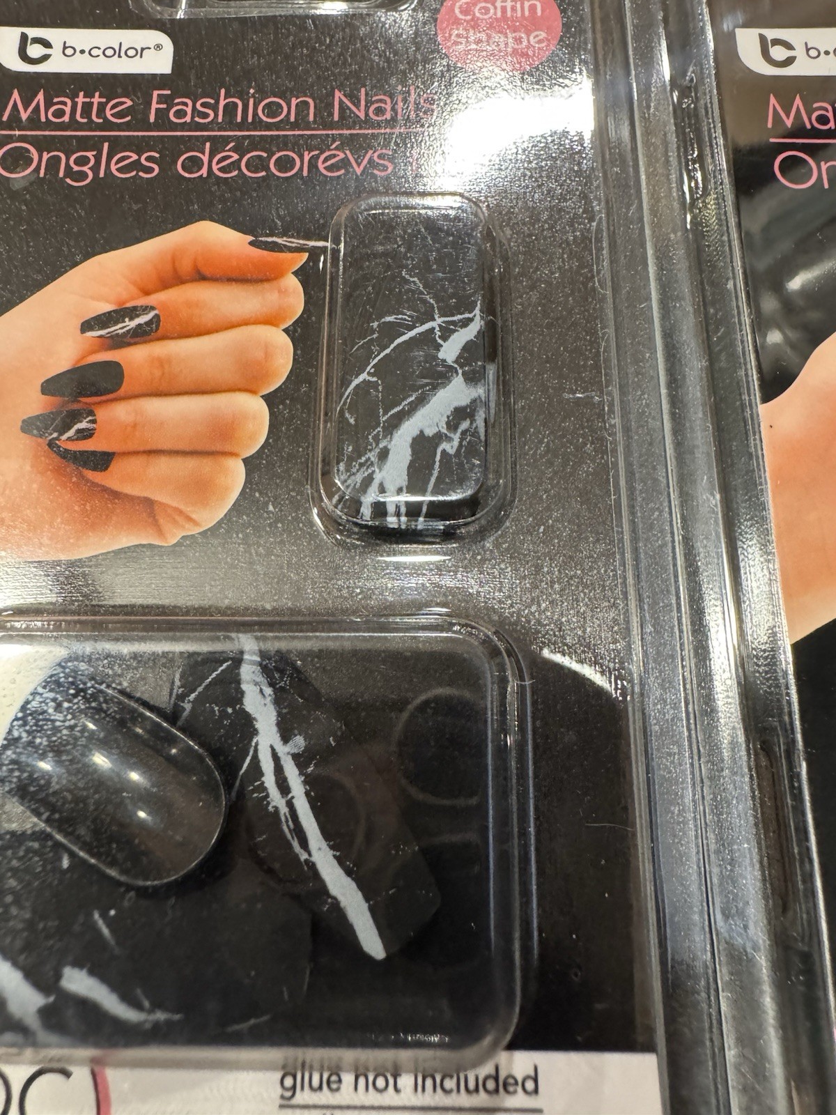 BColor Matte Coffin Shape Fake Nails 12 Pc Black With gray Marble And Dark Green