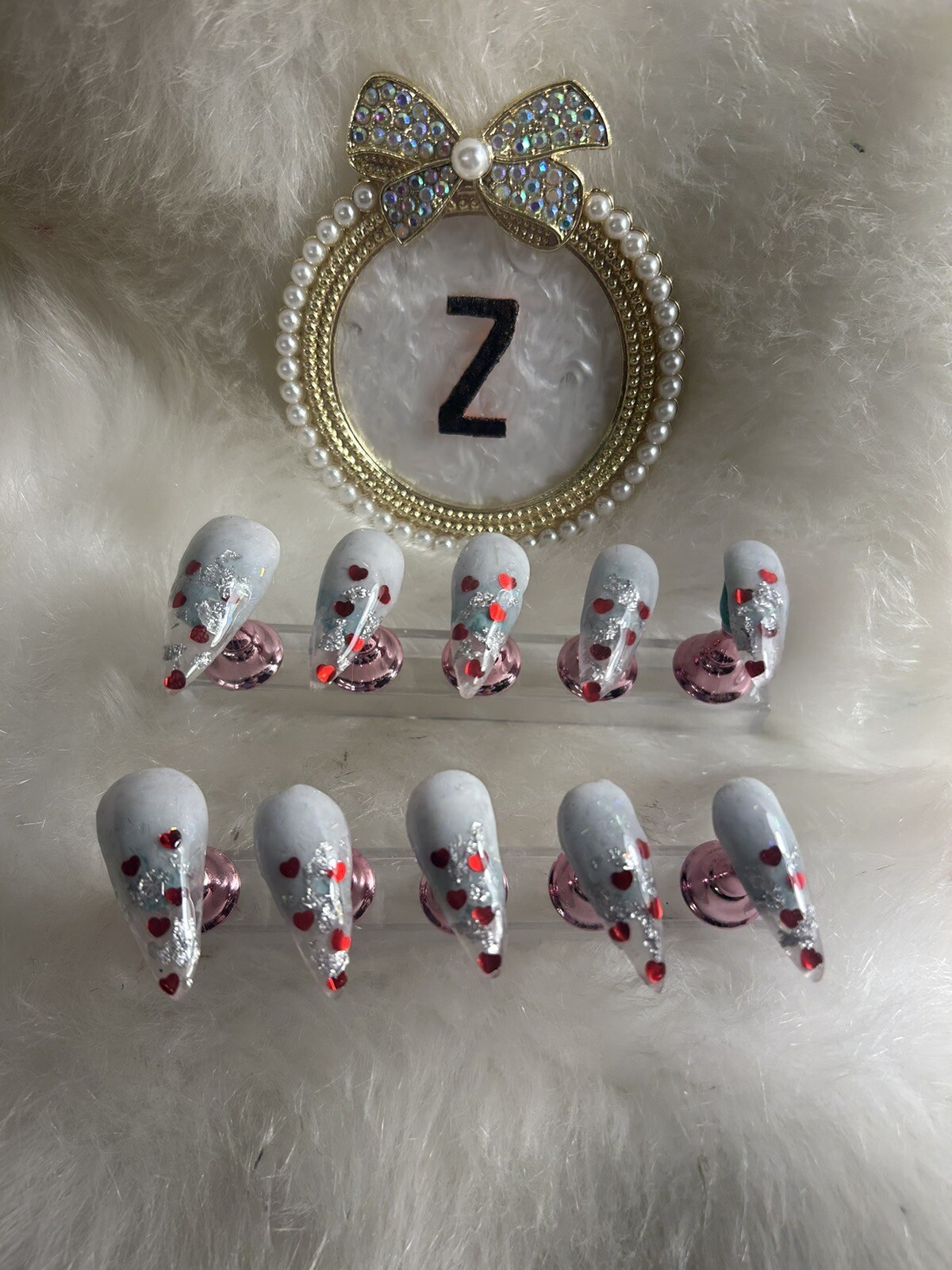 Z NAILZ! Handmade L Stiletto Set of Clear W/White Cuticle. Red Hearts Press Ons