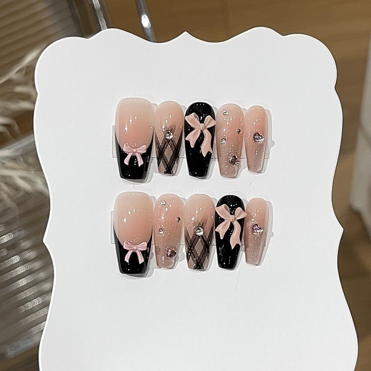 10pcs Cute Medium French Ballet Nails Cartoon Graffiti Pentacle Stripes Handmade