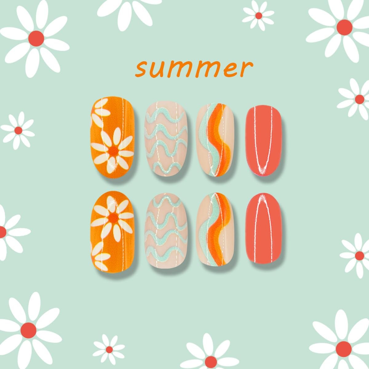 UZJXQ Style-6 Short Oval Orange Wave Flower Nails