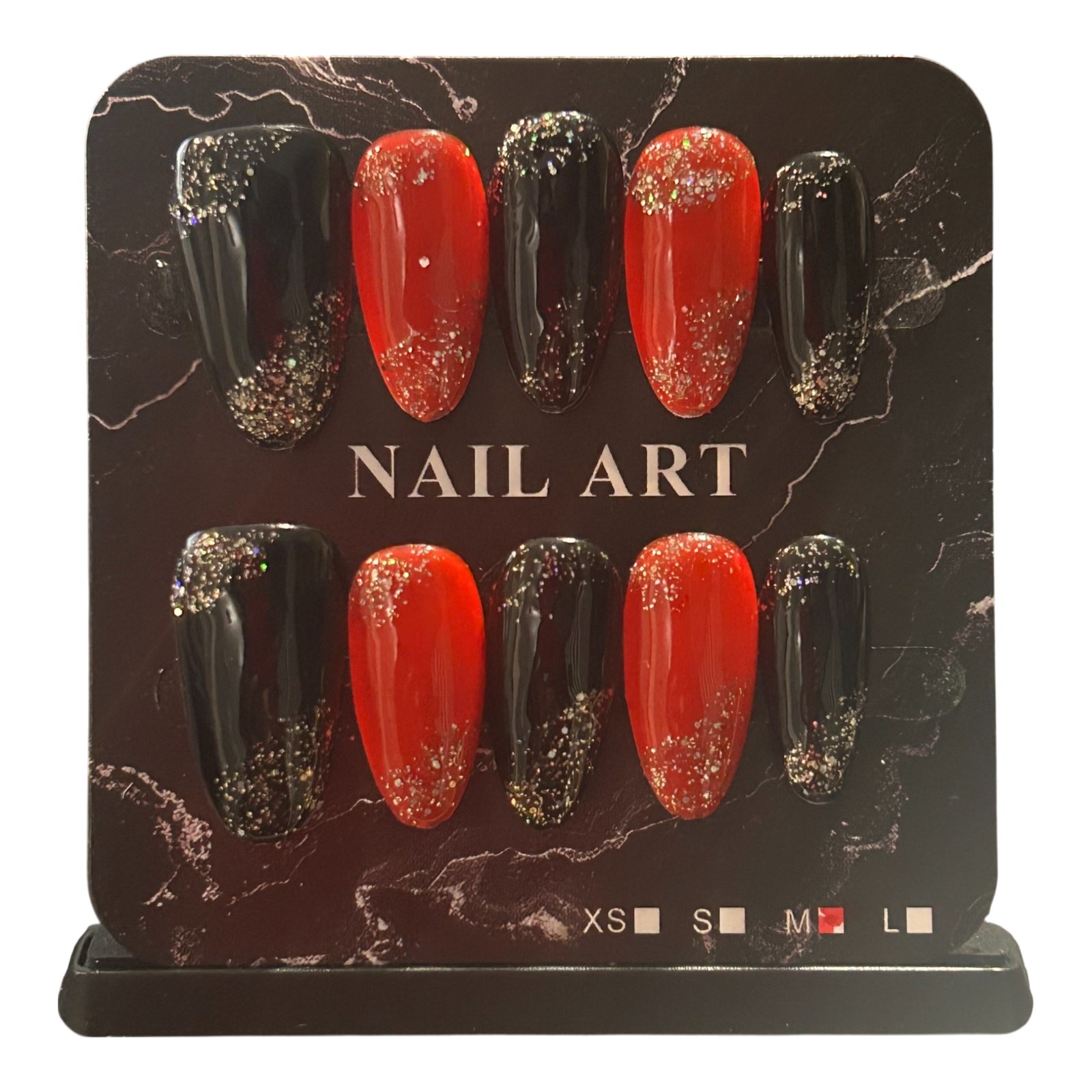 Black and Red Medium Almond Press On Nails – Size Medium
