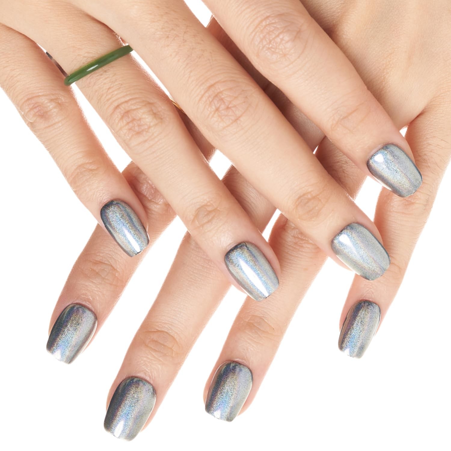 Laser Black Press on Nails Short Square, Rainbow Color Donut Grey Fake Nails …