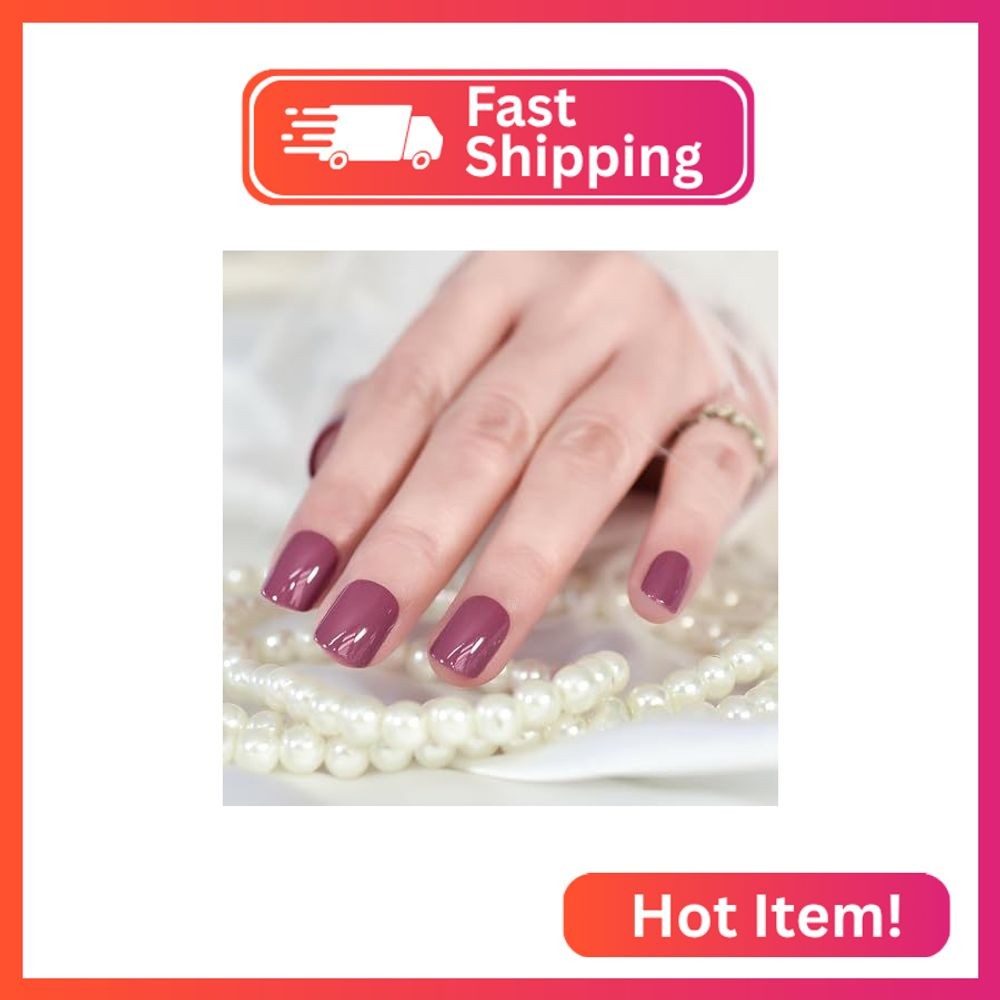 LINSSQ Glossy Rose Pink Press on Nails,Short Squoval False Nails,Beauty Solid Co