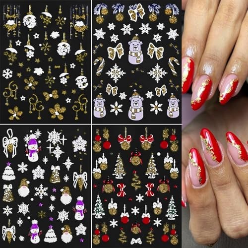 4 Sheets 5D Embossed Christmas Nail Art Stickers Decals Snowflake xmas cane