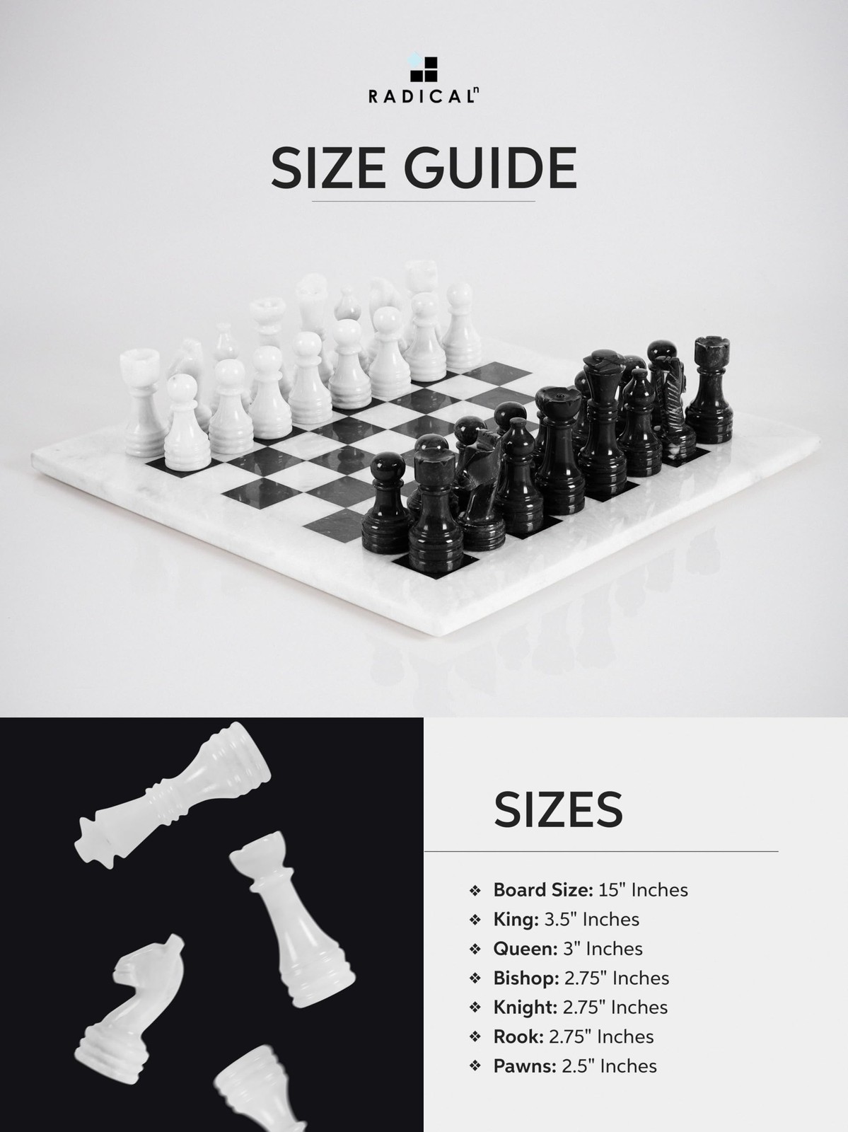Radicaln Marble Chess Set 15″ Inches White and One Size, Black