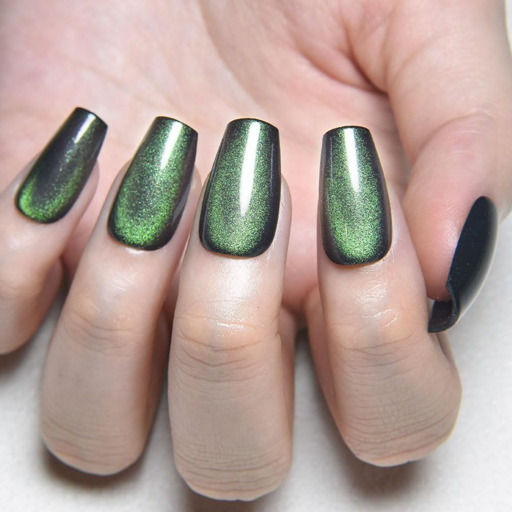 Emerald Green Cat Eye Coffin Press on Nails Square Medium, Medium Square Stick o
