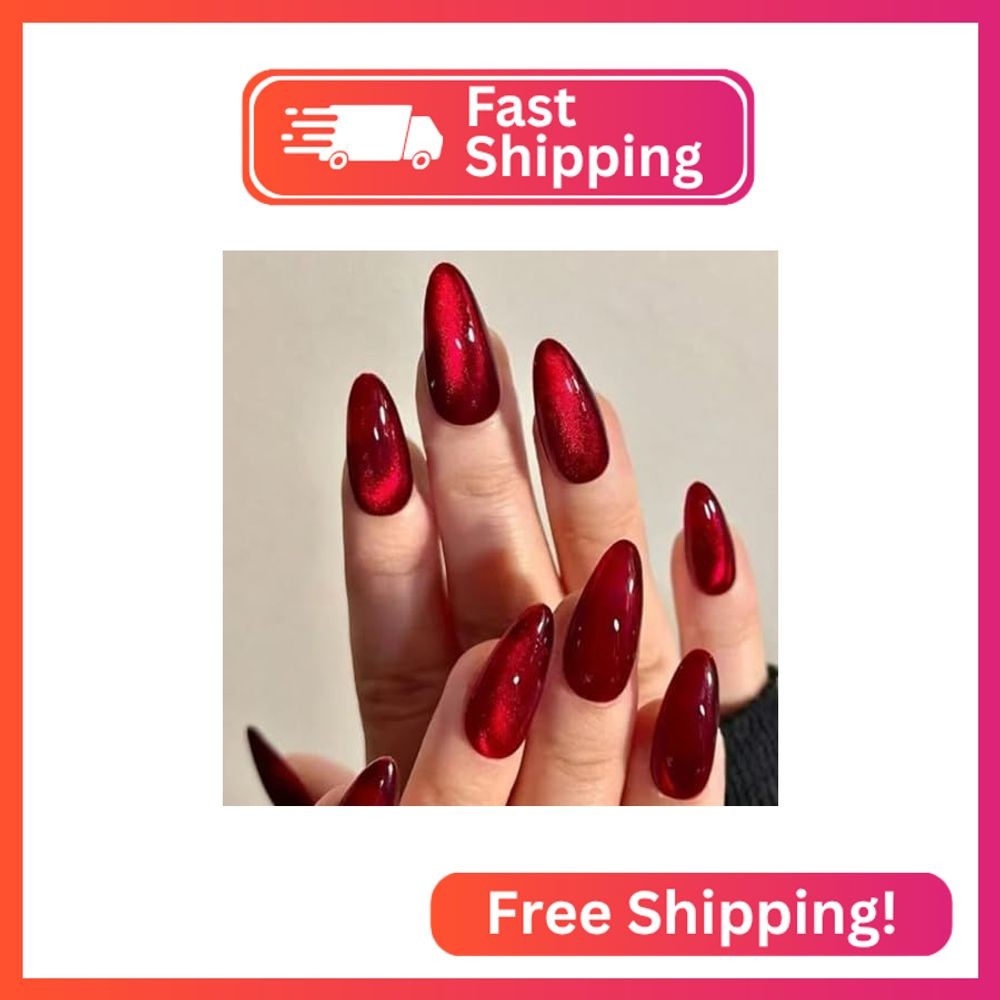 Burgundy Press on Nails Almond Fake Nails Medium Nails Press ons Cat Eye Glue on