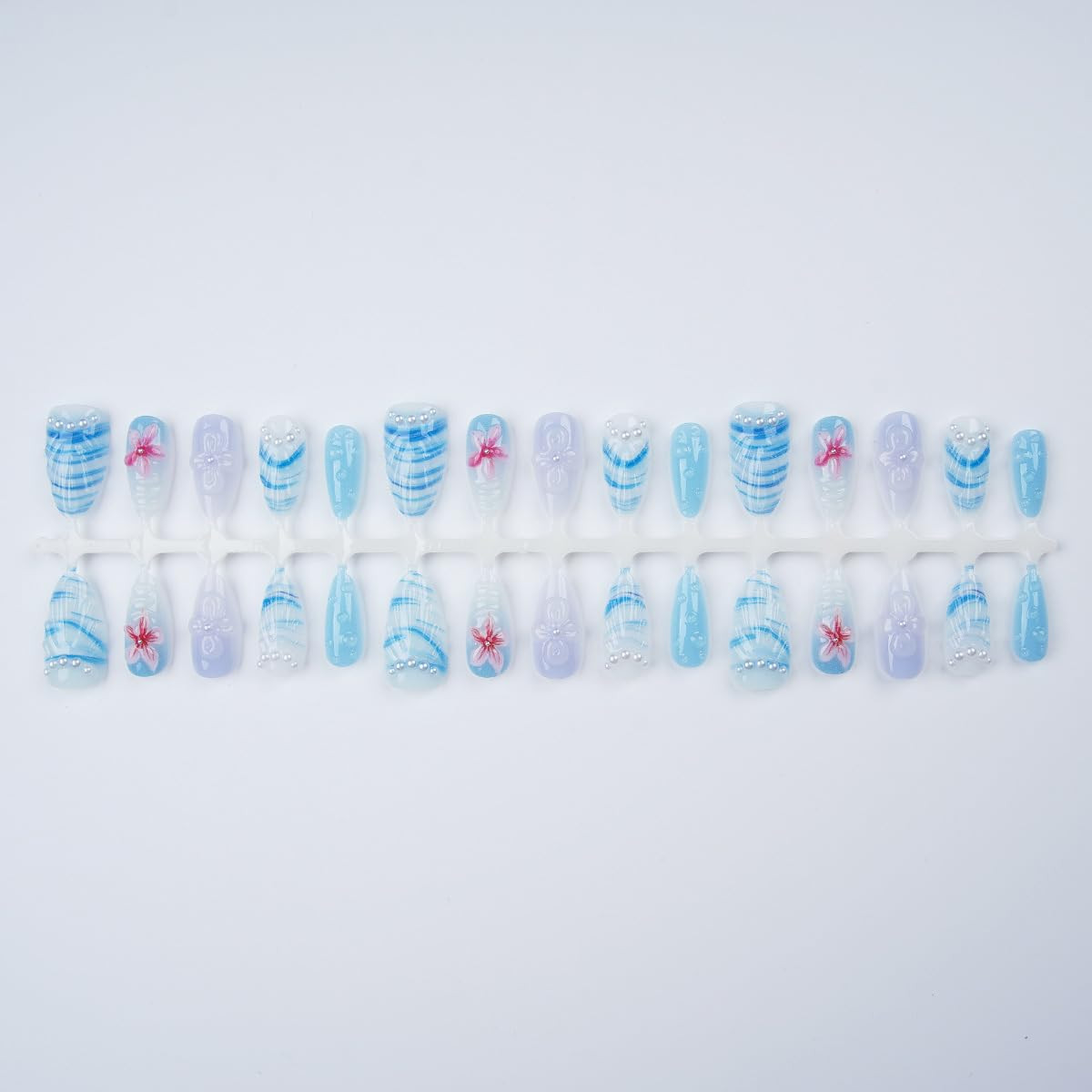 24Pcs Blue Press on Nails Medium Almond Fake Nails Summer Beach False Nails with