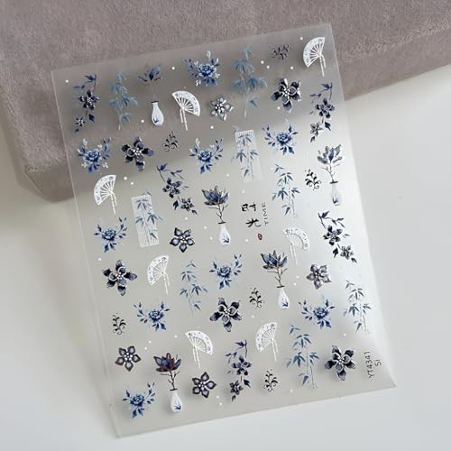 Flower Nail Stickers White Blue Nail Art Stickers 5D Embossed Blue Flower 2