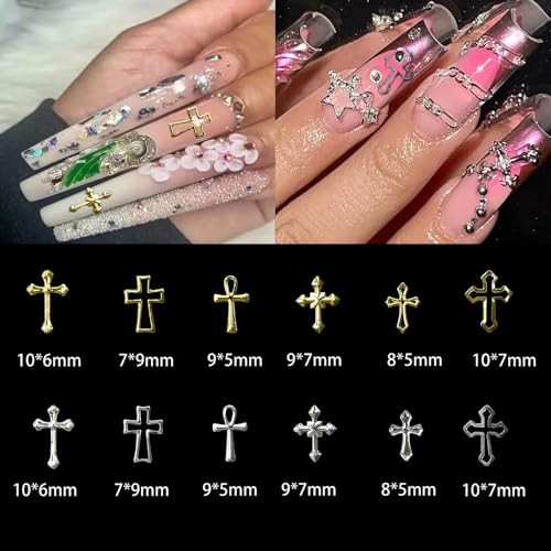 3D Cross Nail Charms, Gold Cross Charms for Nail Art Vintage Punk Metal Alloy