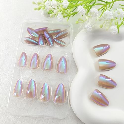 Colorful Short Almond Press on Nails – Glossy Chrome – Glossy Nails