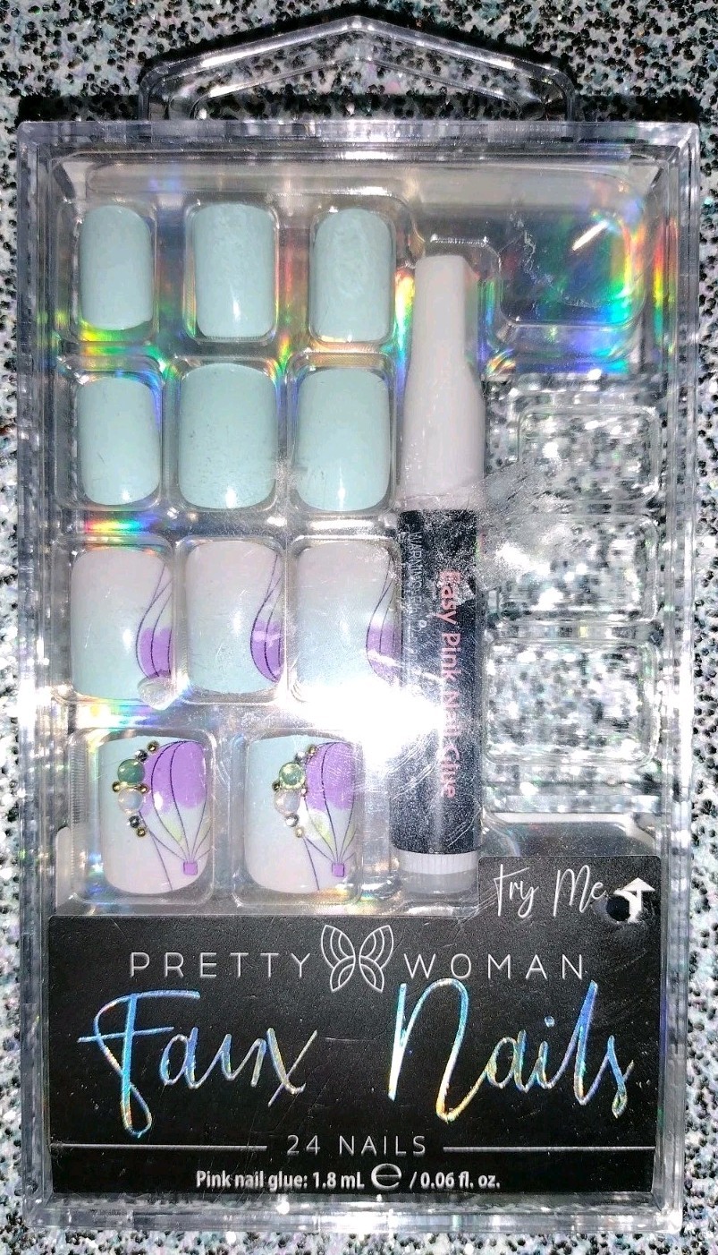 Pretty Woman Faux Nails 1 Set With Glue In Shade Light Blue Purple Rhinestones