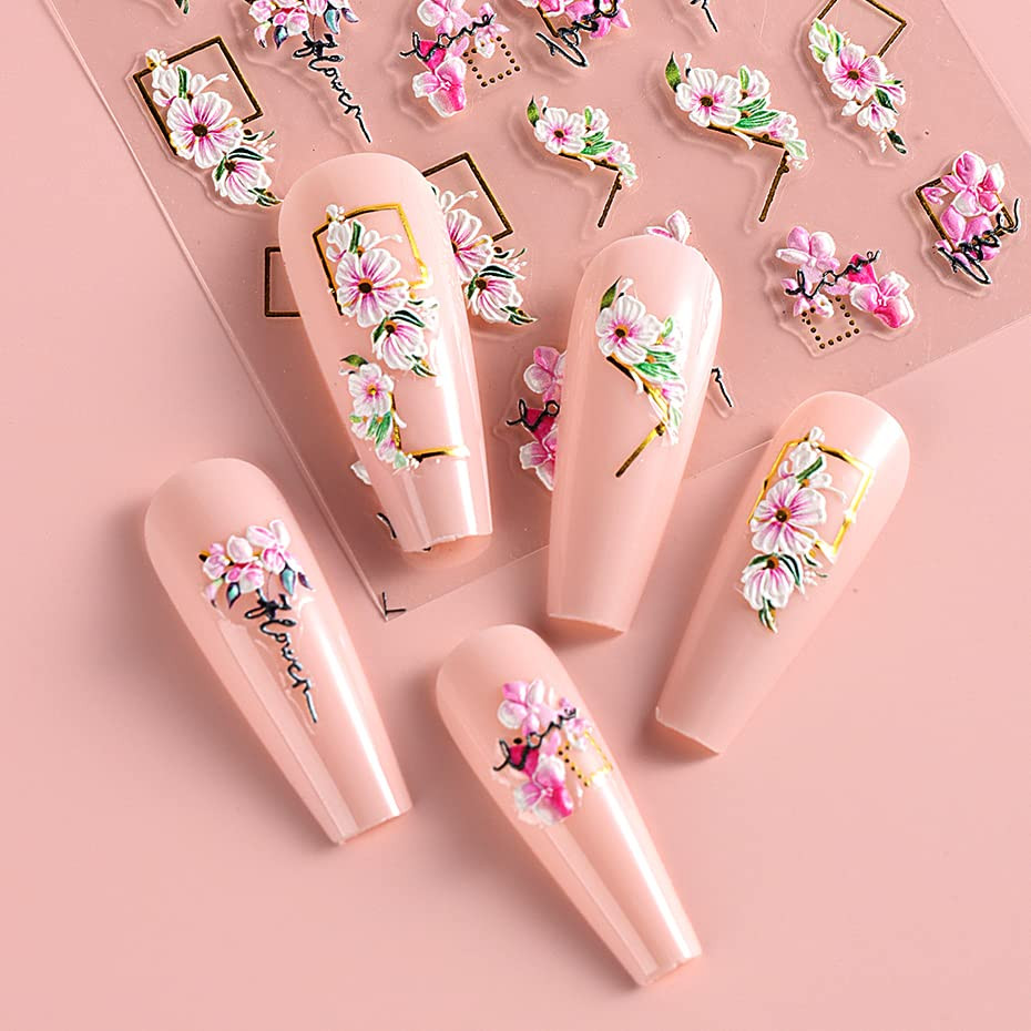 3D Embossed Flower Leaves Nail Art Stickers Decals 4 Sheets 5D Self-Adhesive Peg