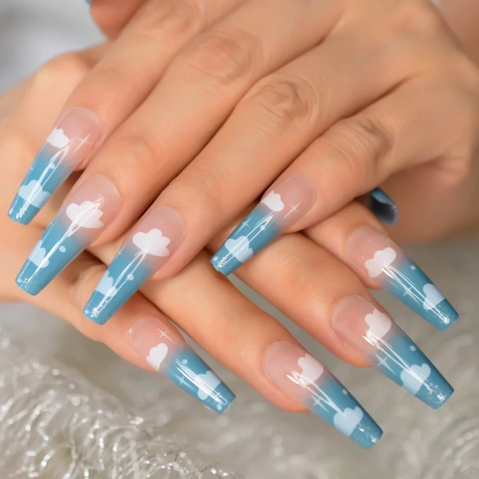 24 Blue skies Clouds Press on nails kit glue nude ombre clear cute kawaii