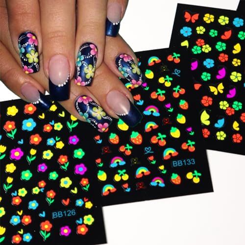 24Sheets Glow in Dark Flower Nail Art Sticker Decals 3D Fluorescence flower-7