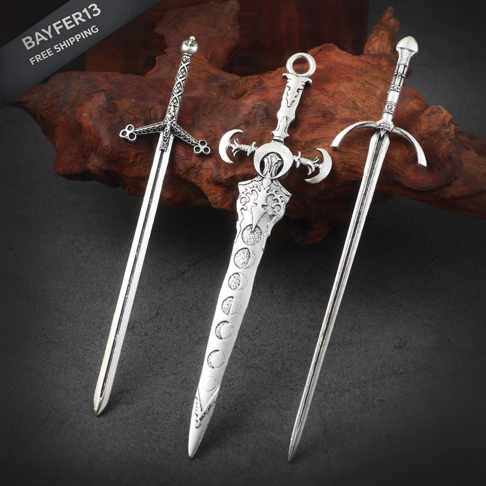 3-Piece Sword Hair Pin Set – Gothic and Viking 1 Count (Pack of 3), Silver