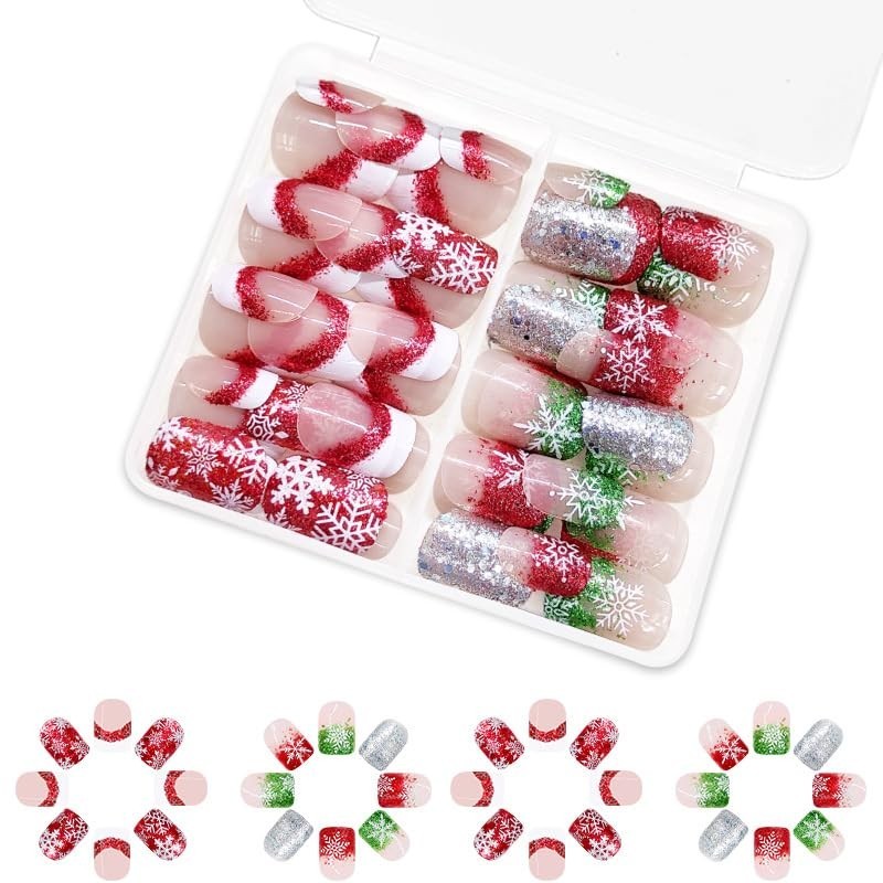 2 Packs 48Pcs Christmas Press on Nails Short Square Fake Nails Red Green Glit…
