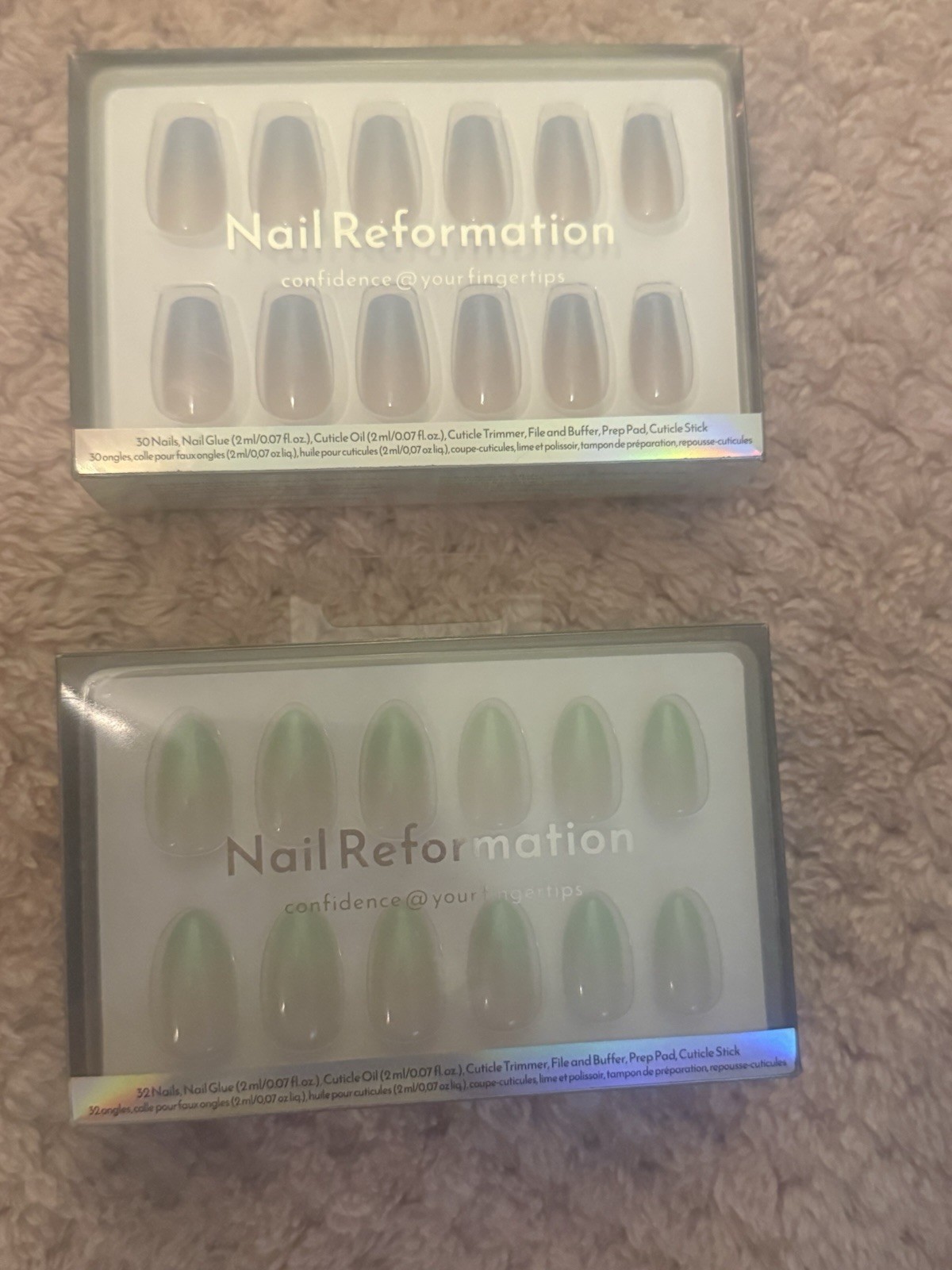 Nail Reformation Press-On Nails Almond Shape Blue Green Nude Shiny UV Luxury