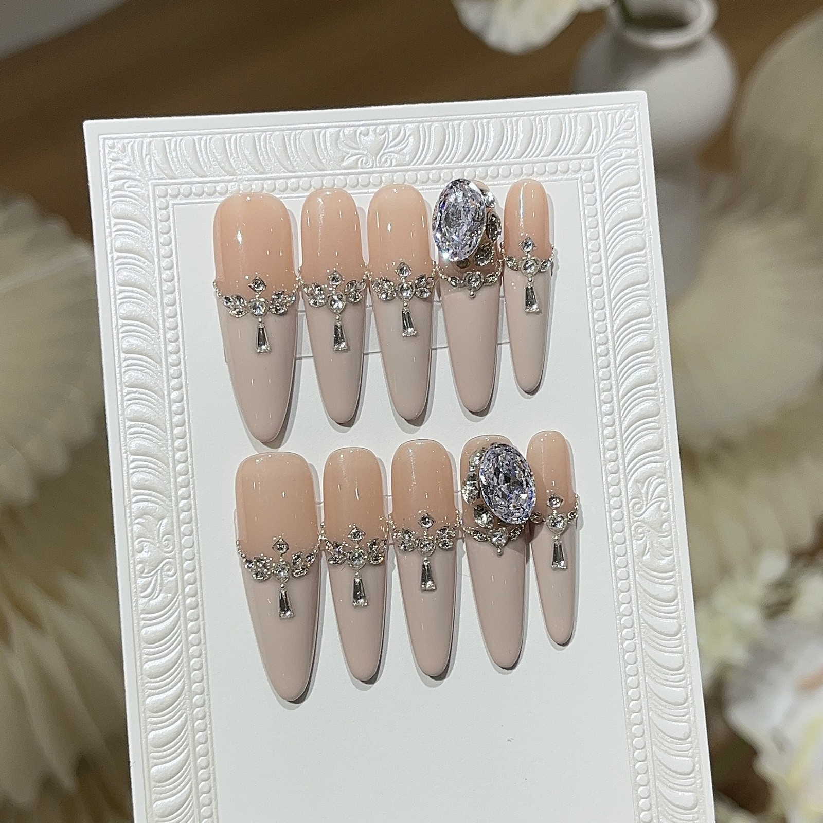 10Pcs Handmade Nude Pink Long Pointed Press On Nails With Shiny Zircon