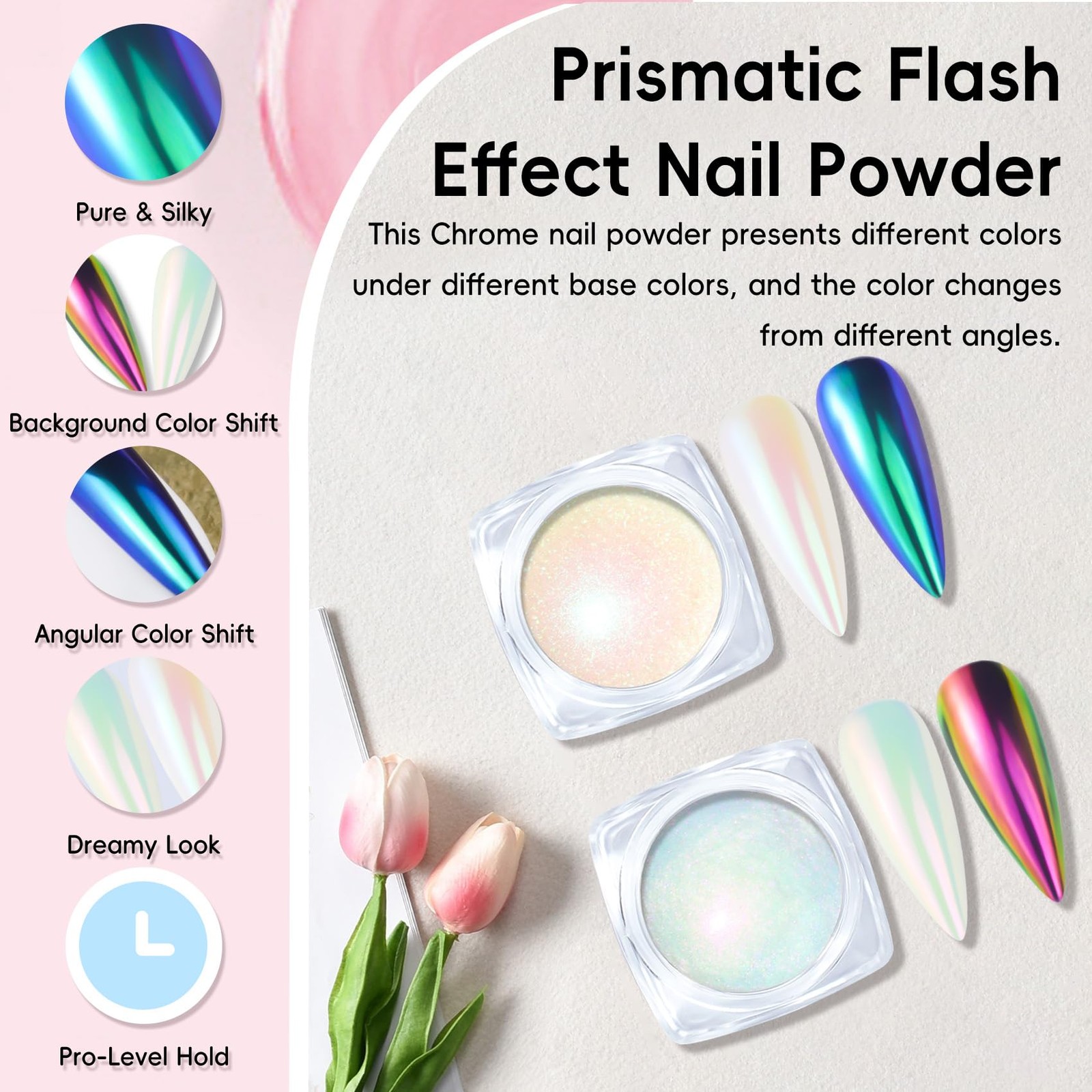 Chrome Nail Powder Kit – 2 Jar Mirror Effect Metallic Holographic Aurora Merm…
