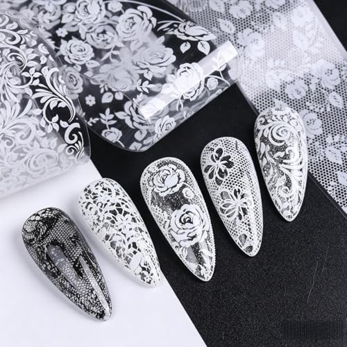 10 Rolls Lace Nail Foil Transfer Sheets Black White Flower Holographic Decals