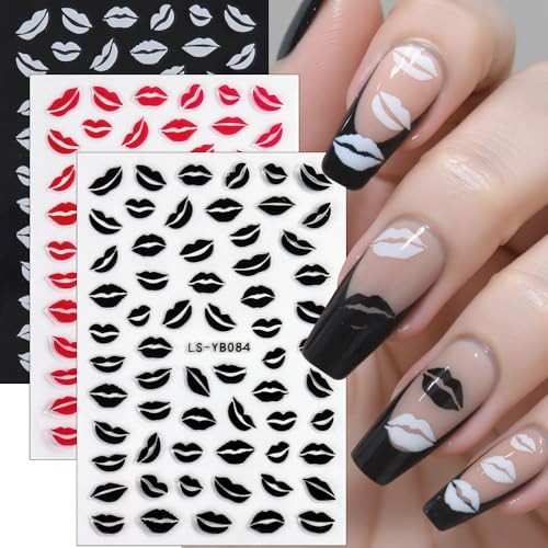 Valentine’s Day Nail Stickers Nail Decals 6PCS White Black Heart Nail Sexy Lips