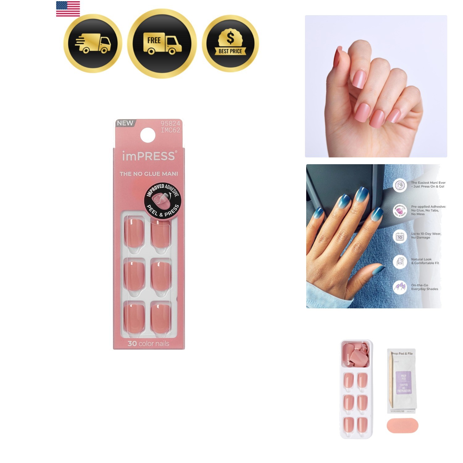 No Glue Mani Press On Nails, Color, ‘Your Magic’, Pink, Short Size, Squoval S…