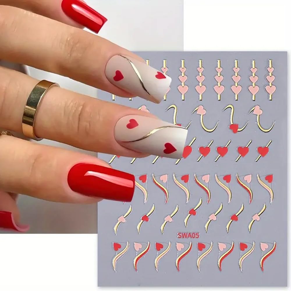 4Pcs Valentine’s Day Nail Art Stickers Hearts Nail Decals Glossy Metallic Gol…