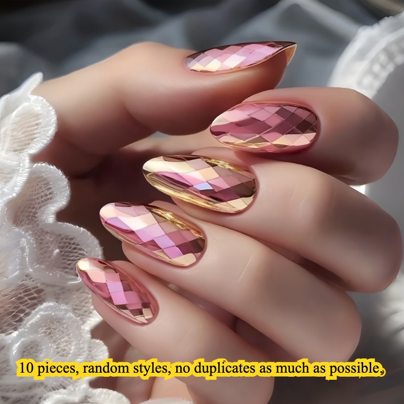 Long Round Almond Fake Nails Metallic Mirror Shimmer 3D Laser Glue on Nail Lot