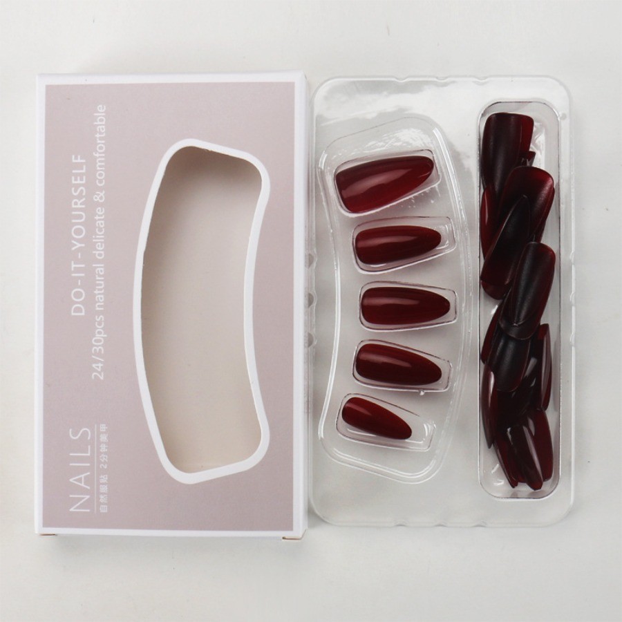 60pcs-Deep Red Press on Nails, Solid Color Glossy Almond Fake Nails for Women