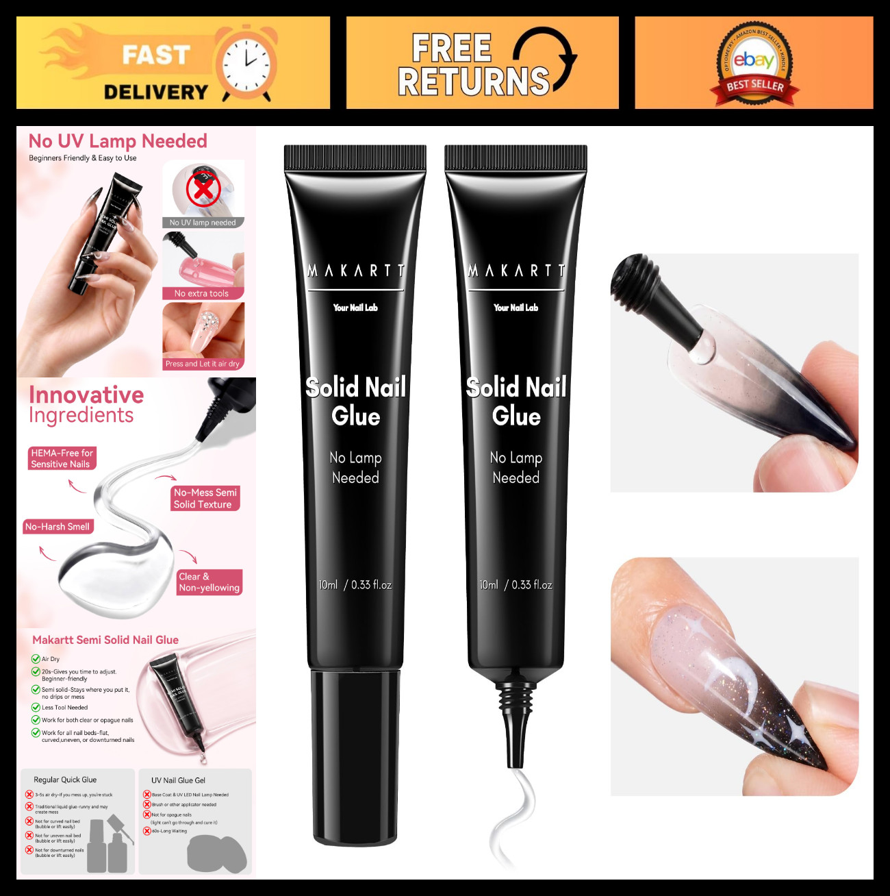 Press On Nail Glue – No UV Needed, 20s Air Dry, Strong Hold, Easy DIY, Hema-Free