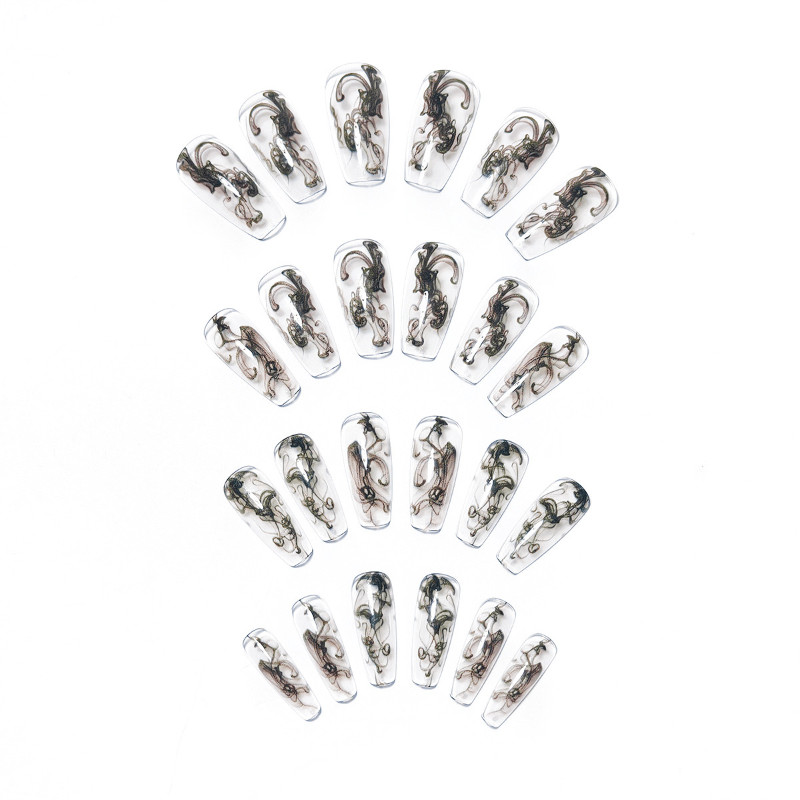48pcs Long Taper Press on Nails, Clear Black Ink Smoke Gothic Gloss Nails