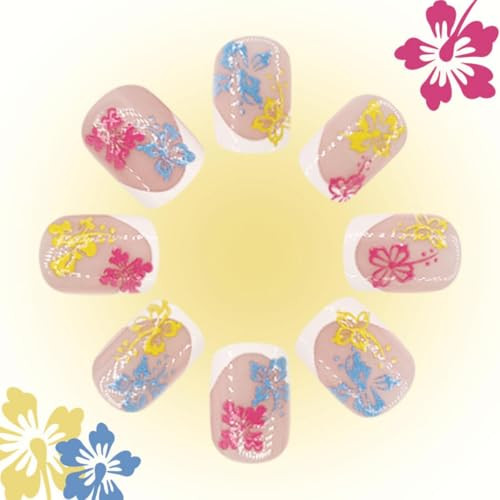 White French Tips Press on Nails Short 1 Fl Oz (Pack of 1) Blue Yellow Pink