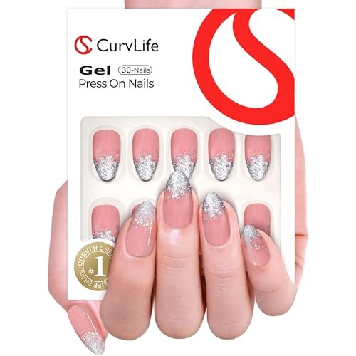 Press On Nails Almond Apricot – 30pcs Handmade Glitter Medium glitter nails