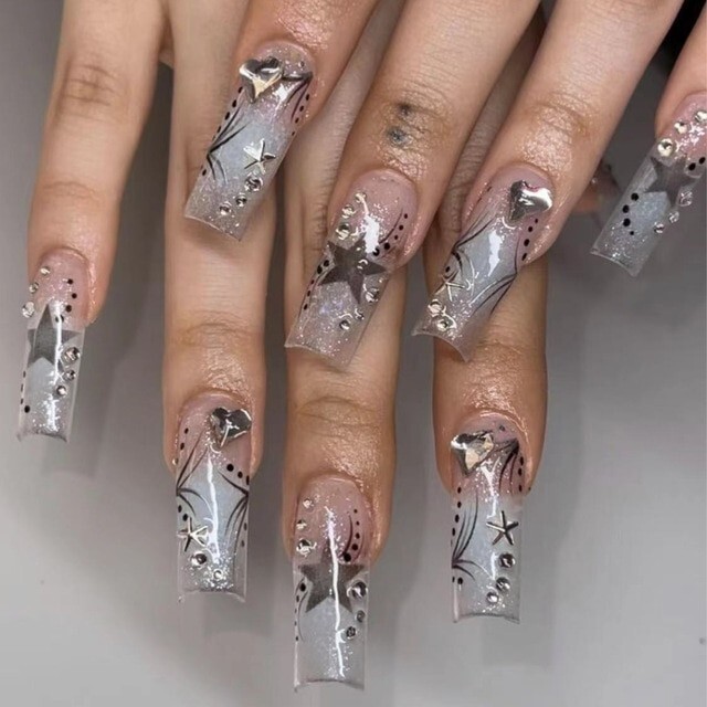 24PCS Square Shaped Airbrush Press On Nails- She’s A Star Set