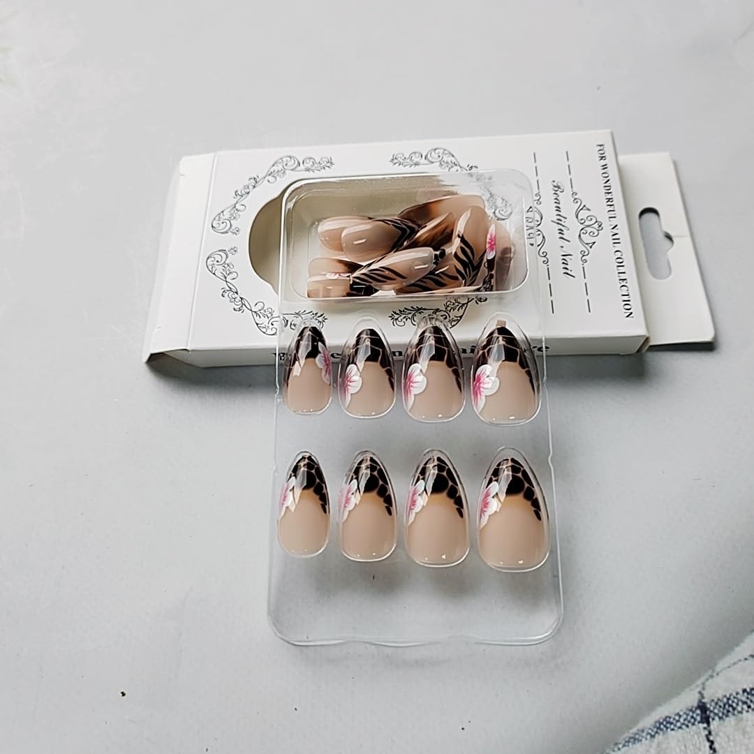 24 Pcs Spring Press on Nails Short Almond,Pink Fake Nails Press ons Leopard P…