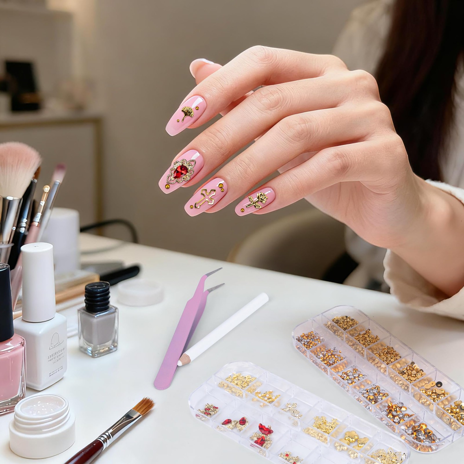 Gold Nail Charms and Nail Gems with 4 Boxes of Rhinestones 3D Metal for Nail …