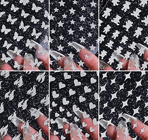 6 Sheets Silver Nail Art Stickers Decals Glitter Nail Supplies 3D Self Design 5