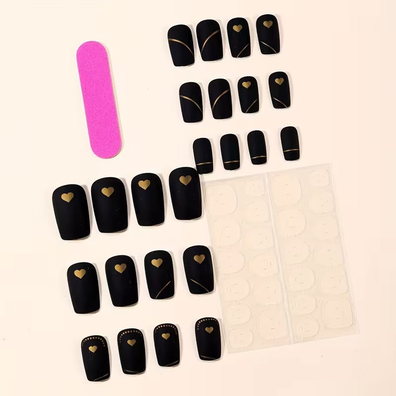 24pcs Black Matte Press-On Nails, Medium Square,with Gold Heart, Stripe, Elegant