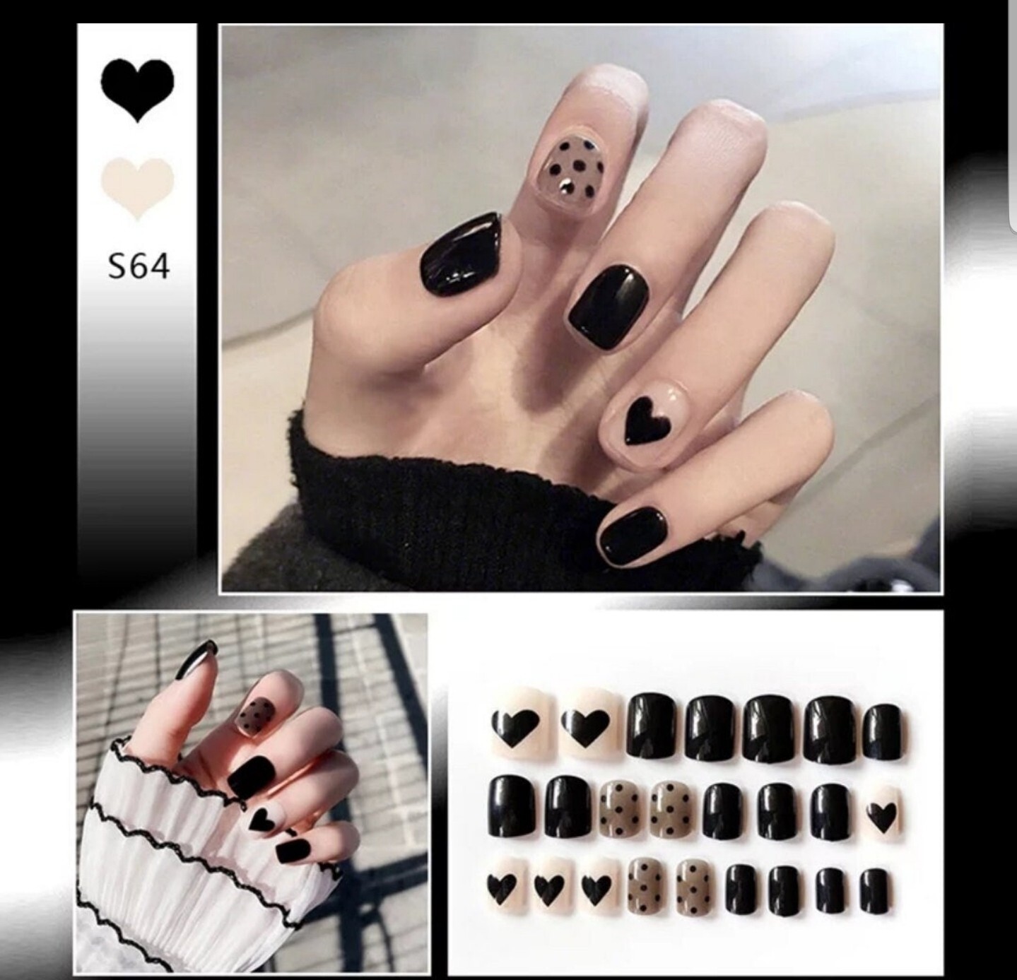 24 Black Heart Short press on nails glue on clear trendy polka dot gray goth
