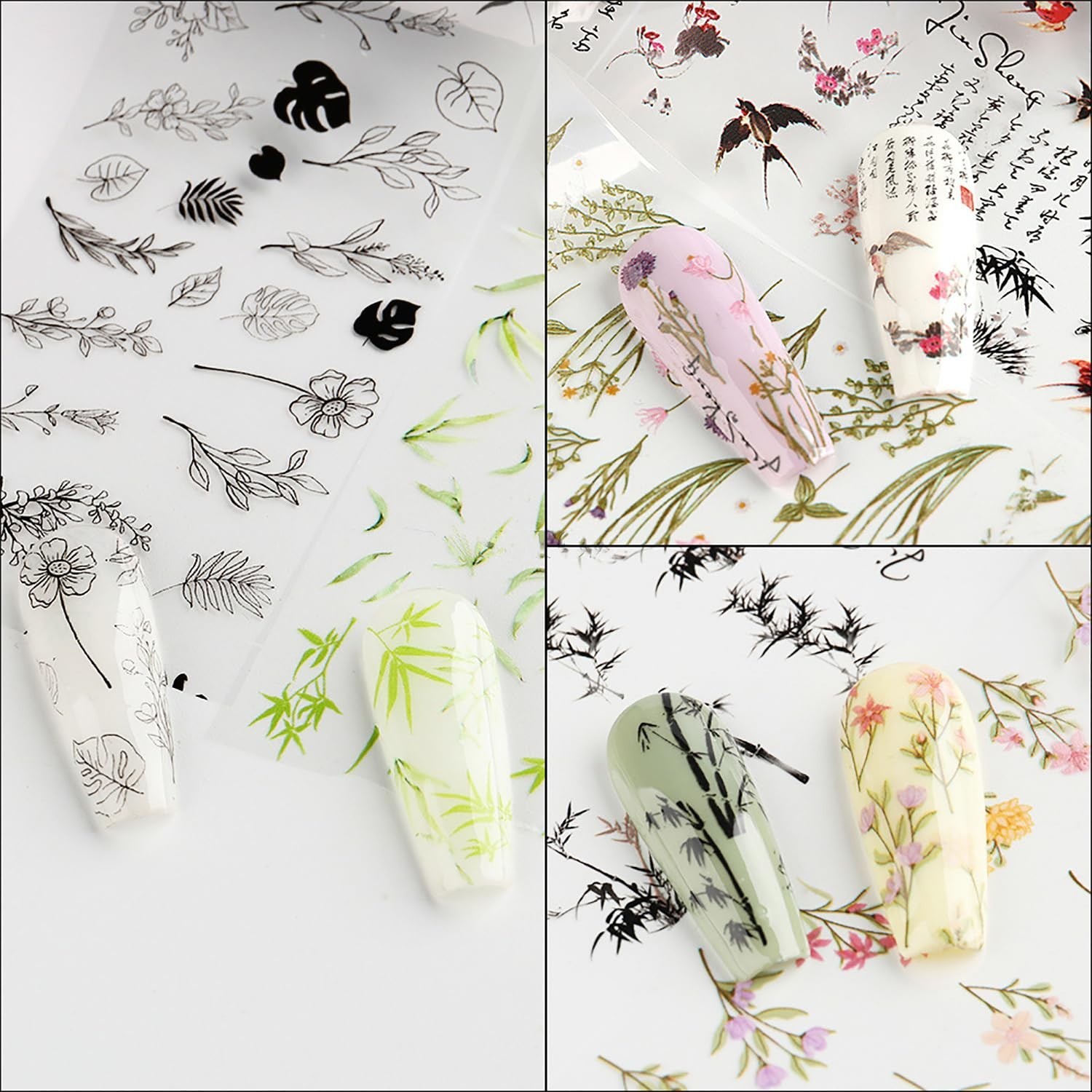 JERCLITY 10 Rolls Flower Nail Foil Transfer Sticker Kit Bamboo Ink Painting P…