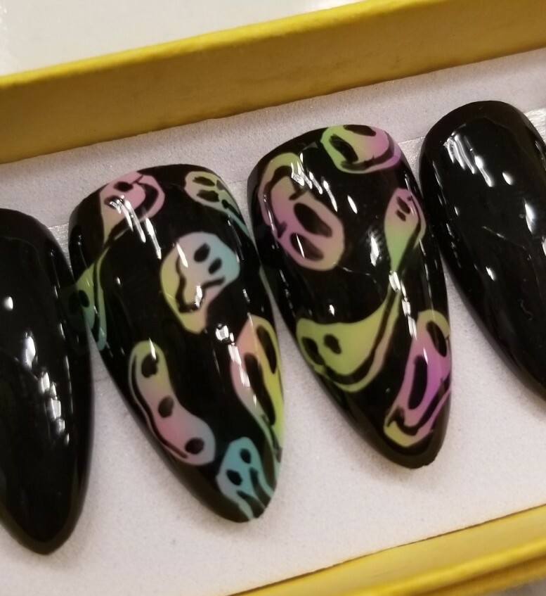 Custom Press On Nails Black Distorted Smileys Rainbow Ombre Trippy Almond