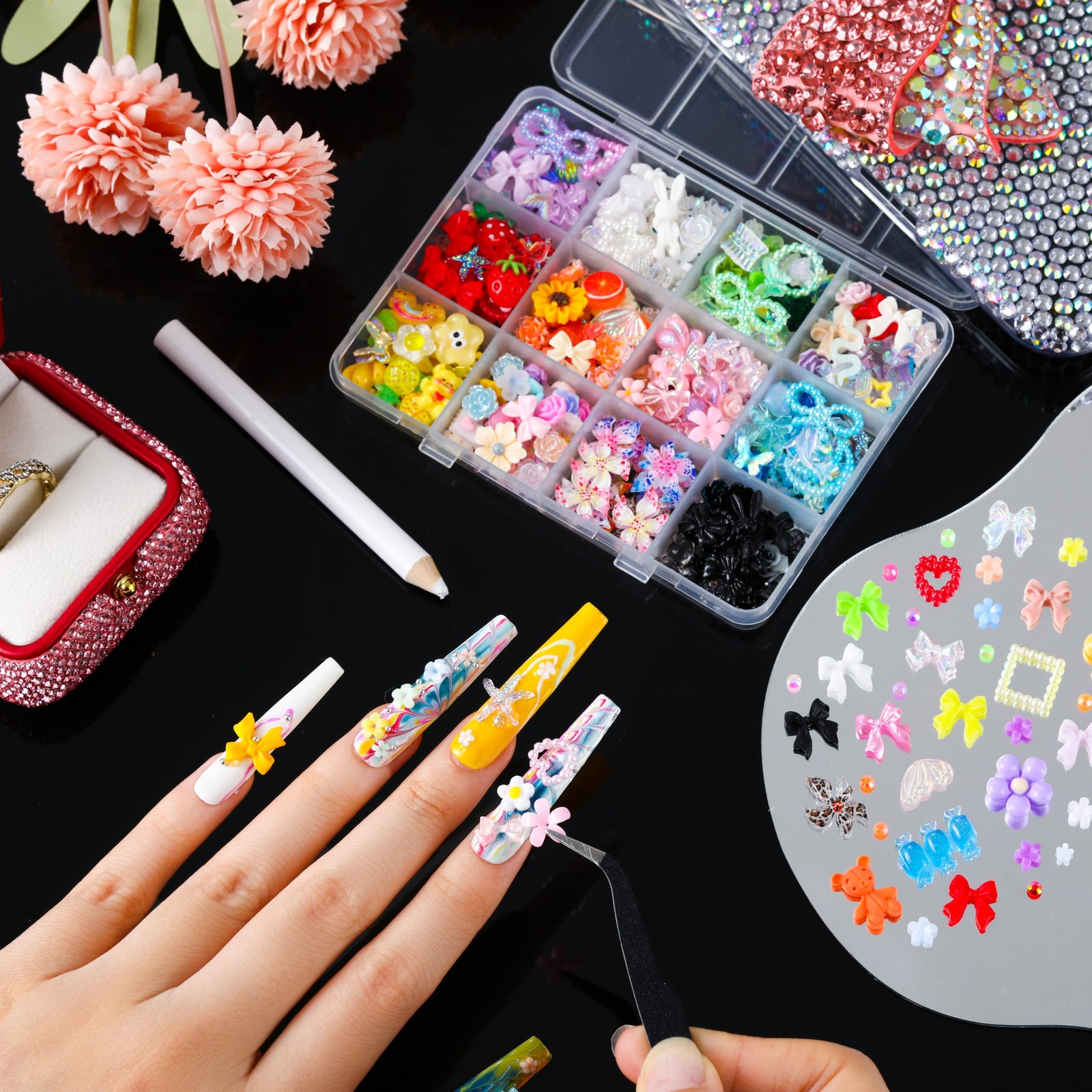 LERBOU Bedazzling Kit – 8 Boxes 3D Nail Art Accessories: 60 Colors Resin Rhin…